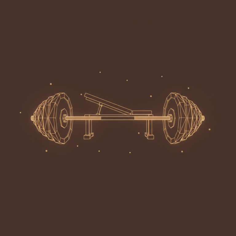 a stylized low-poly wireframe barbell with two weight-plates, a small bench silhouette behind it, gentle orbiting dots