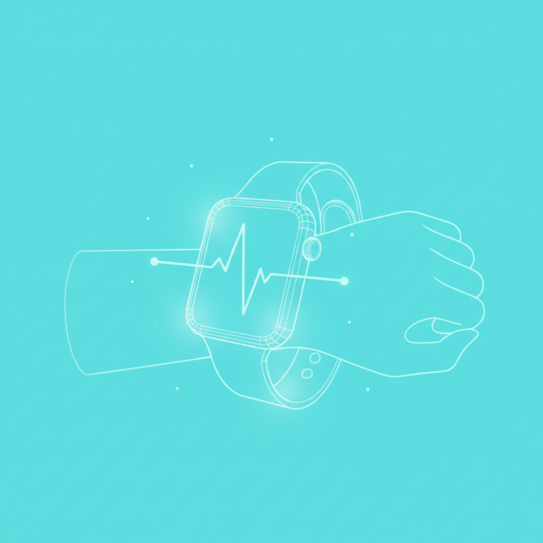 a stylized low-poly wireframe smartwatch silhouette on a wrist outline with a single pulse-line waveform glowing across