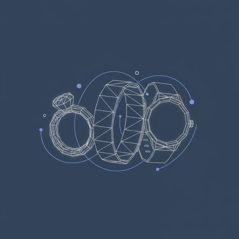 three stylized low-poly wireframe wearable shapes — a ring, a wrist-band, and a watch — arranged with gentle connecting