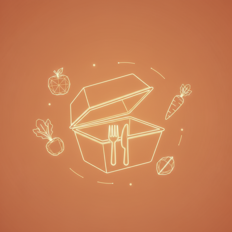 a stylized low-poly wireframe meal-box with a clamshell lid lifted slightly, a fork-and-knife icon, and a few orbiting f