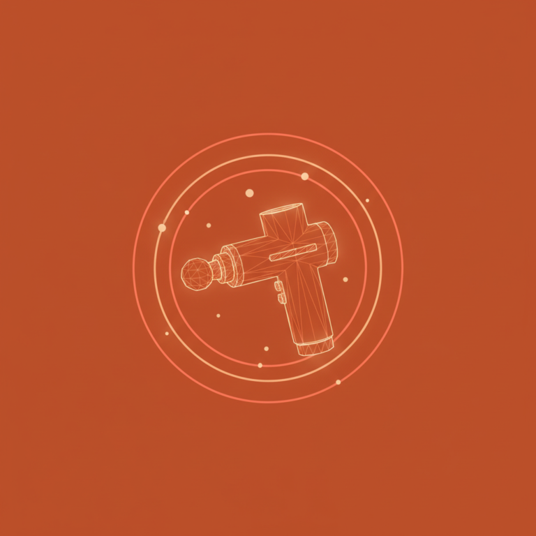 a stylized low-poly wireframe massage-gun silhouette with three concentric vibration-rings emanating from its head