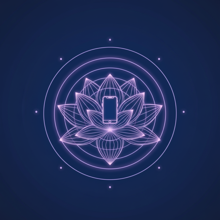 a stylized low-poly wireframe lotus-flower silhouette with concentric breath-rings emanating outward, a small phone-scre