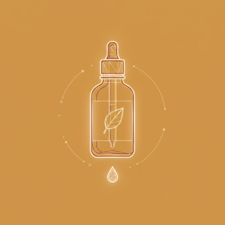 a stylized low-poly wireframe glass-dropper bottle silhouette with a small leaf icon and a gentle dropper-droplet fallin