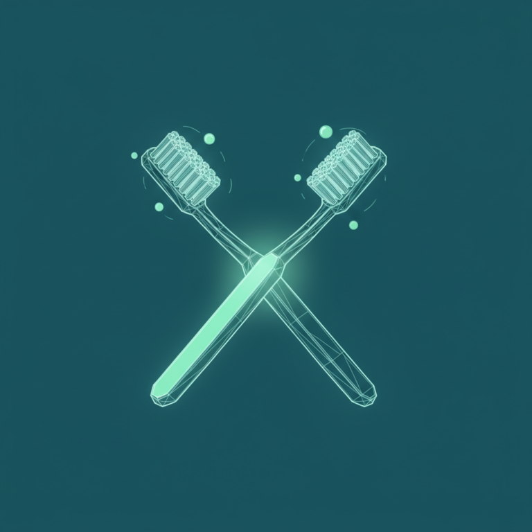 two crossed stylized toothbrush silhouettes in low-poly wireframe with a sparkling-clean toothbrush head and a few orbit