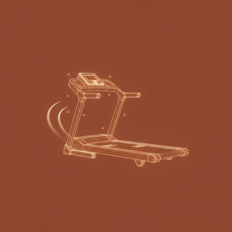 a stylized low-poly wireframe treadmill silhouette seen from a 3/4 angle with a pair of gentle motion-lines trailing off