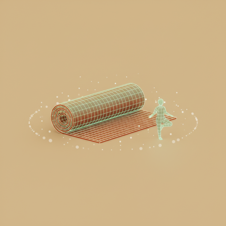 a stylized low-poly wireframe rolled yoga mat with a small silhouette of a person in tree-pose beside it, gentle orbitin