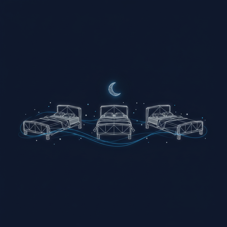 three stylized low-poly wireframe beds in profile arranged in a row with gentle connecting lines and a small crescent mo