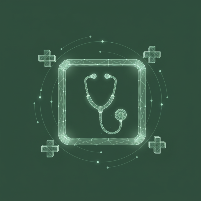 a stylized doctor video-call screen with a stethoscope icon overlay, surrounded by gentle low-poly wireframe medical cro