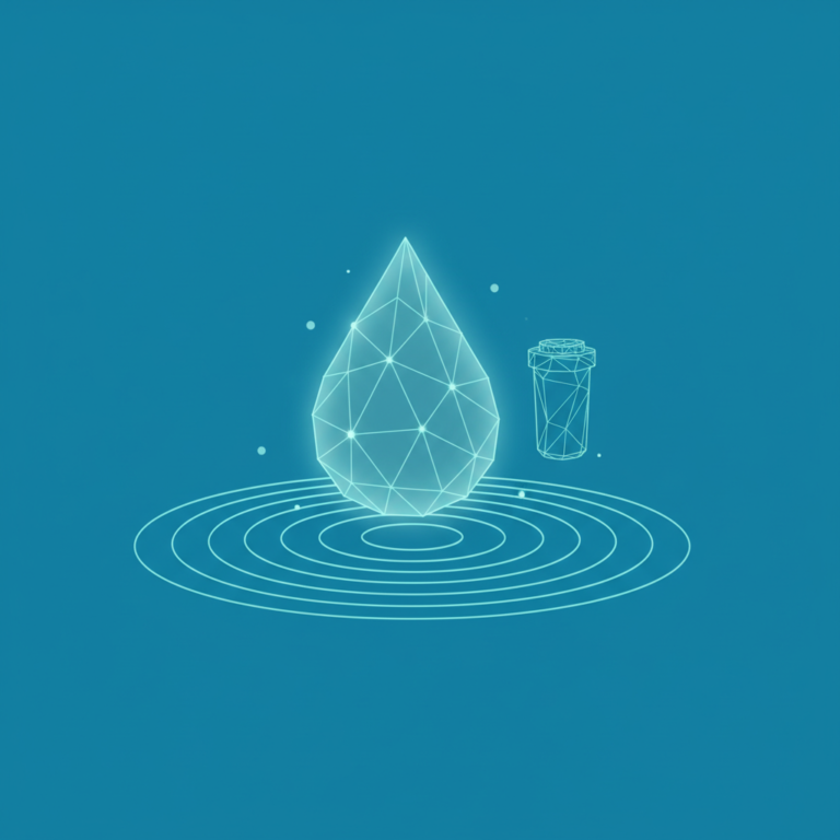 a stylized low-poly wireframe water-droplet shape with concentric ripple-rings and a small filter-cartridge silhouette b