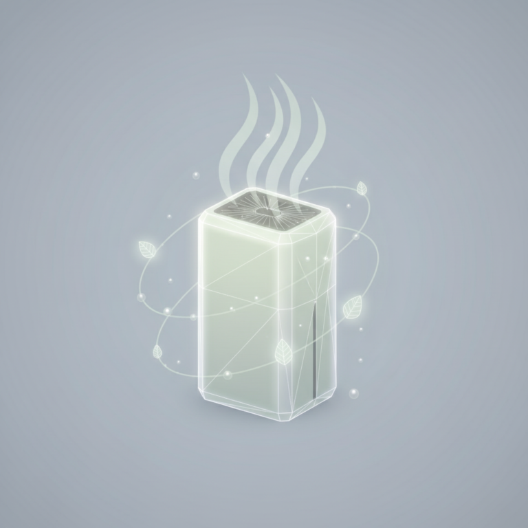 a stylized low-poly wireframe air-purifier with curling air-stream lines rising and a few orbiting leaf icons