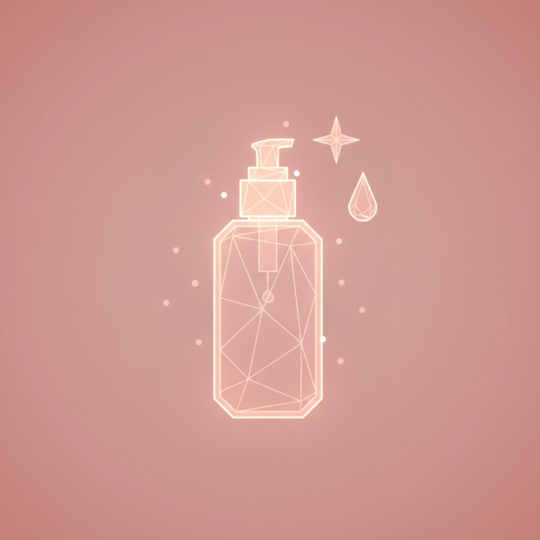 a stylized low-poly wireframe skincare bottle silhouette with a small sparkle icon and a gentle drop falling beside it