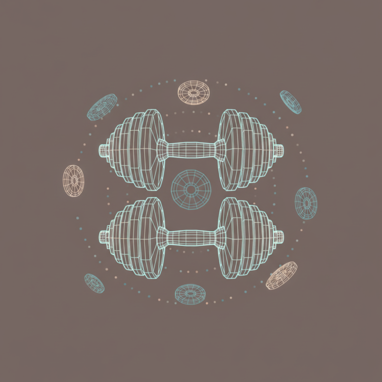 a stylized low-poly wireframe pair of adjustable dumbbells stacked, with a few orbiting weight-plate silhouettes