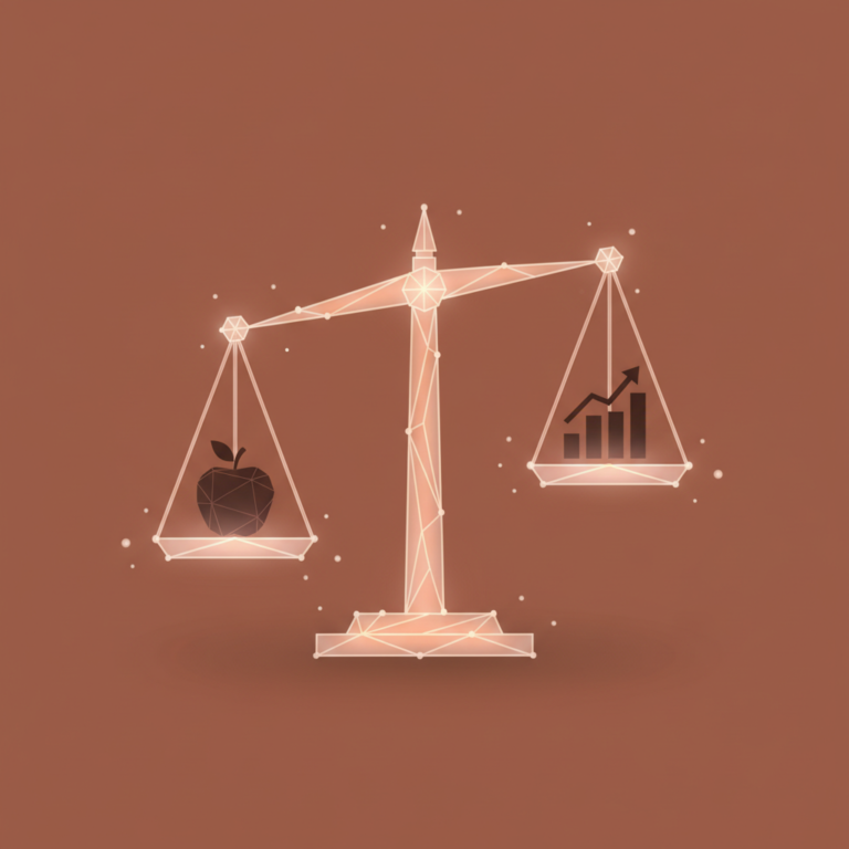 a stylized low-poly wireframe balance-scale with a small apple silhouette on one side and a small chart silhouette on th