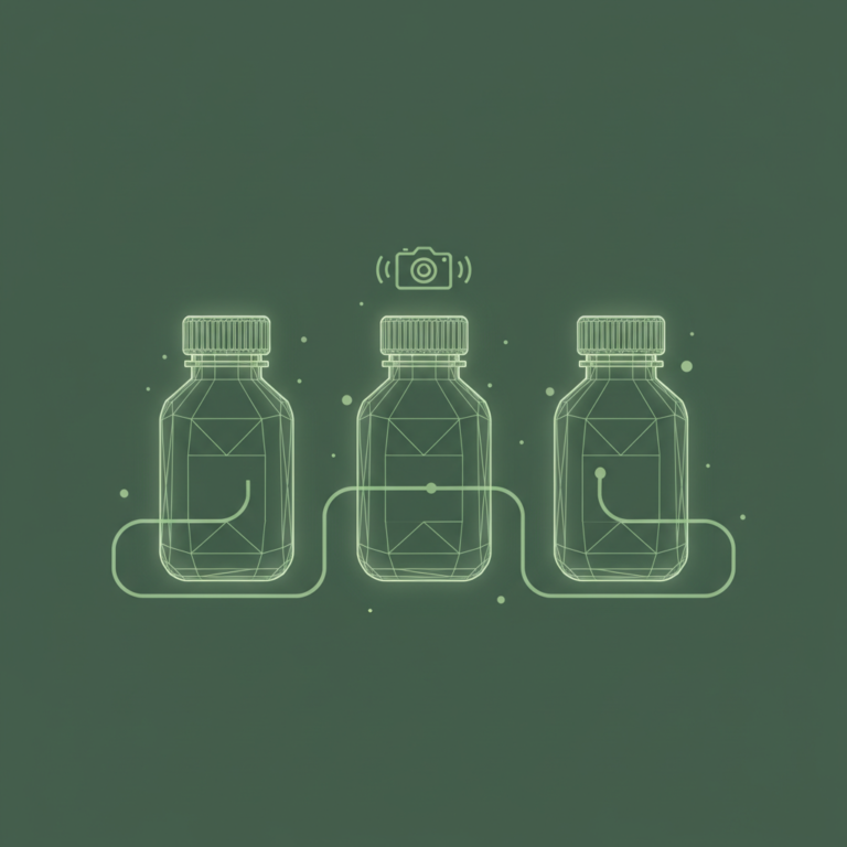 three stylized low-poly wireframe pill-bottle silhouettes arranged in a row with gentle connecting lines and a small vid