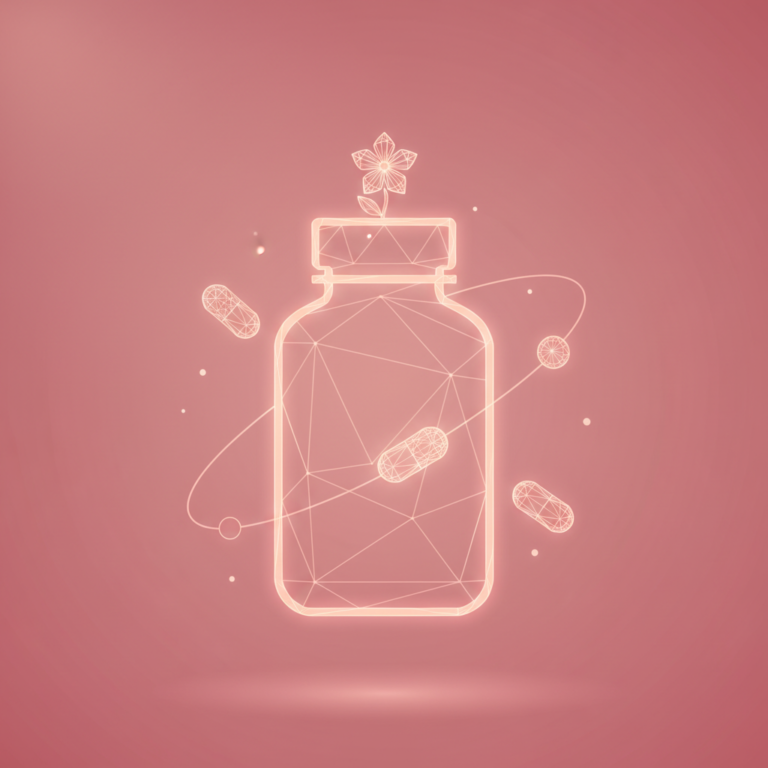 a stylized low-poly wireframe pill-bottle silhouette with a few orbiting capsule shapes and a small flower icon at the t