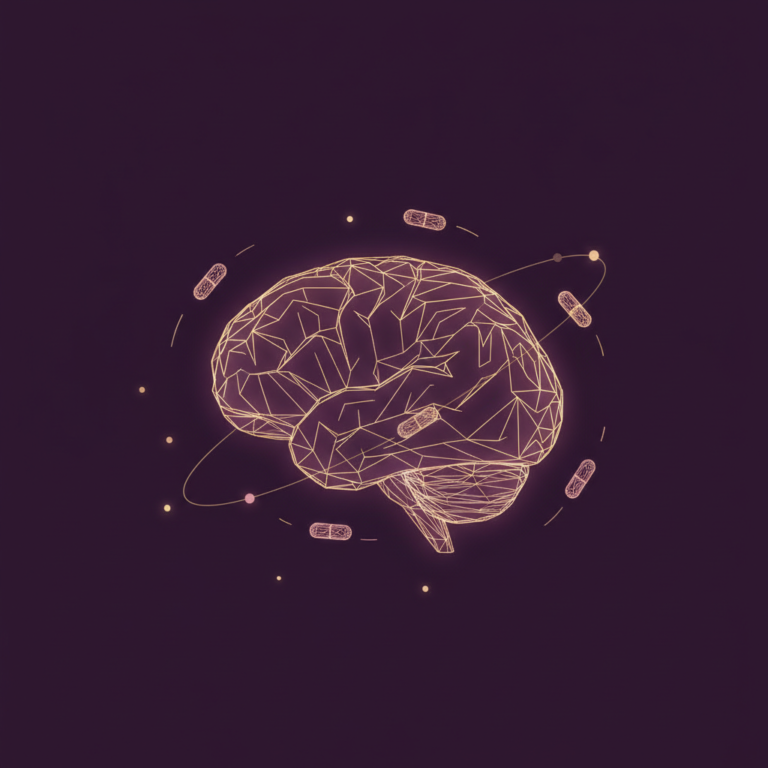 a stylized low-poly wireframe brain in profile with a few orbiting capsule shapes, gentle glowing line traces