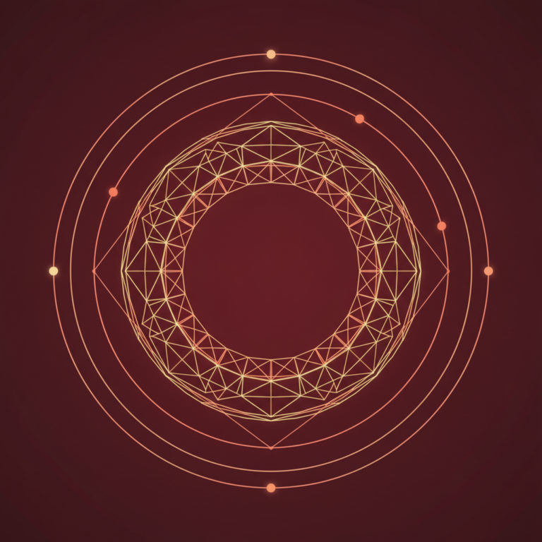 a stylized low-poly wireframe light panel with concentric circular glow rings emanating, a few orbiting light particles