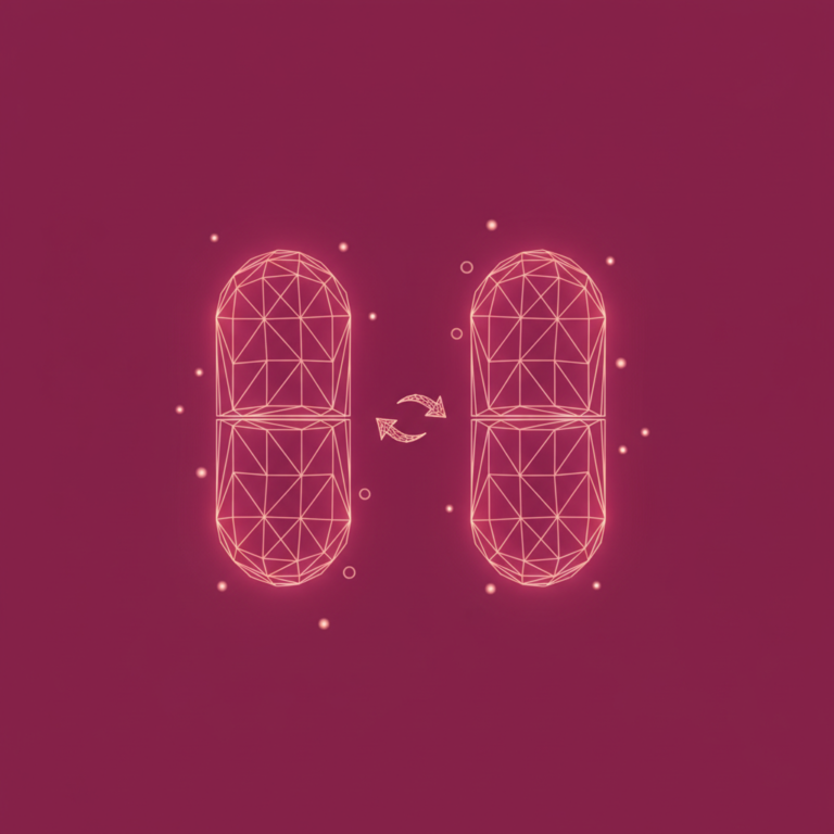 two stylized low-poly wireframe capsule shapes side-by-side with a small comparison-arrow between them