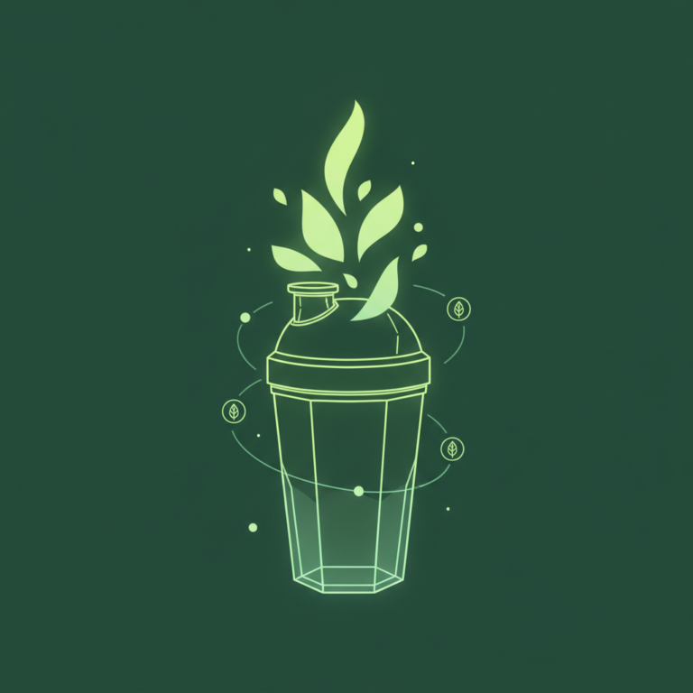 a stylized low-poly wireframe drink-shaker with leafy silhouettes rising out and a few orbiting plant-leaf icons
