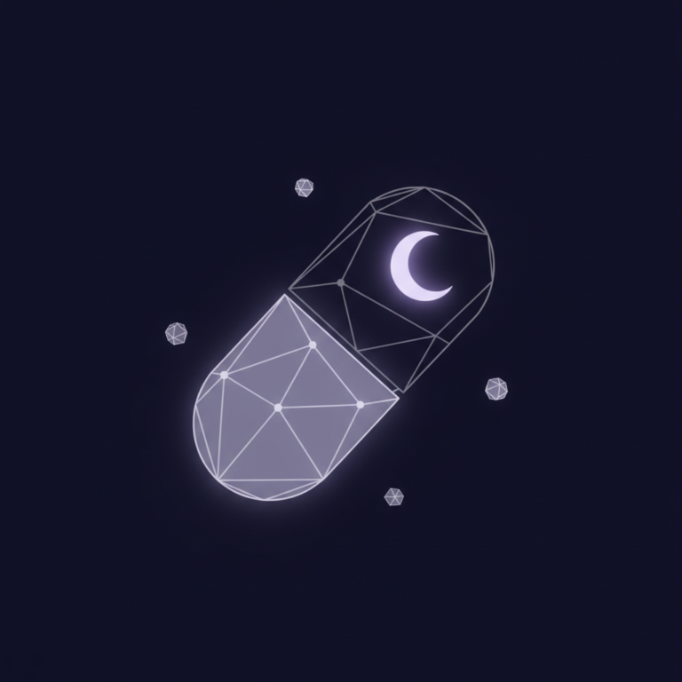 a stylized low-poly wireframe pill-capsule silhouette tilted slightly with a small crescent moon icon in the upper corne