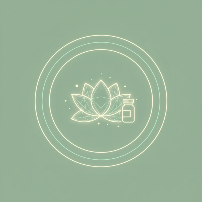 a stylized low-poly wireframe lotus-flower silhouette with a small pill-bottle silhouette beside it and a few gentle cal