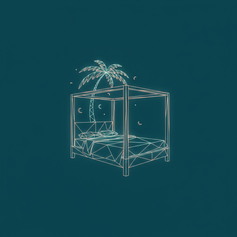 a stylized low-poly wireframe four-poster bed silhouette with a small palm-frond silhouette curving above the headboard