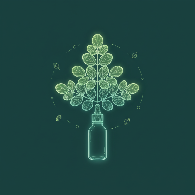 a stylized low-poly wireframe cluster of moringa leaves with a small glass-dropper bottle silhouette beneath them and a