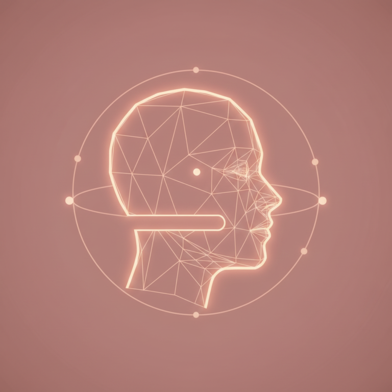 a stylized low-poly wireframe profile-face silhouette in side view with a small closed-eye dot and a gentle horizontal b