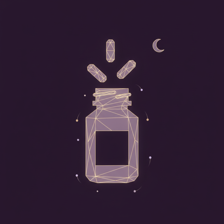 a stylized low-poly wireframe pill-bottle silhouette with three small floating capsule shapes rising from it and a small