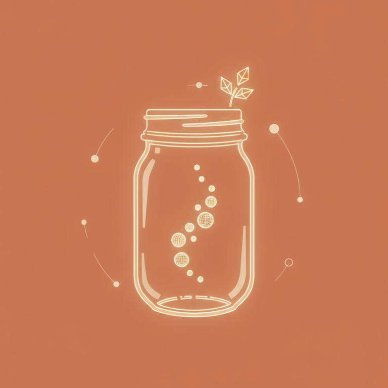 a stylized low-poly wireframe mason-jar silhouette with gentle bubble-dot shapes rising inside and a small leafy-sprig i