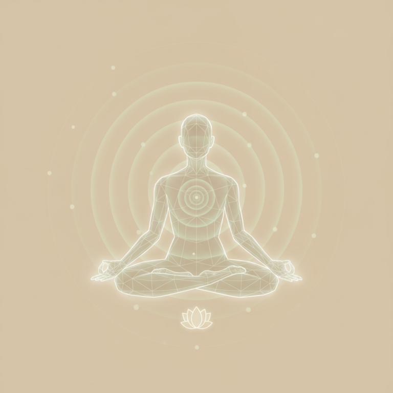 a stylized low-poly wireframe seated-figure silhouette in lotus pose with concentric breath-ring arcs emanating outward