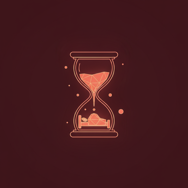 a stylized low-poly wireframe hourglass silhouette with a small bed-shape nested inside the lower bulb and a few orbitin