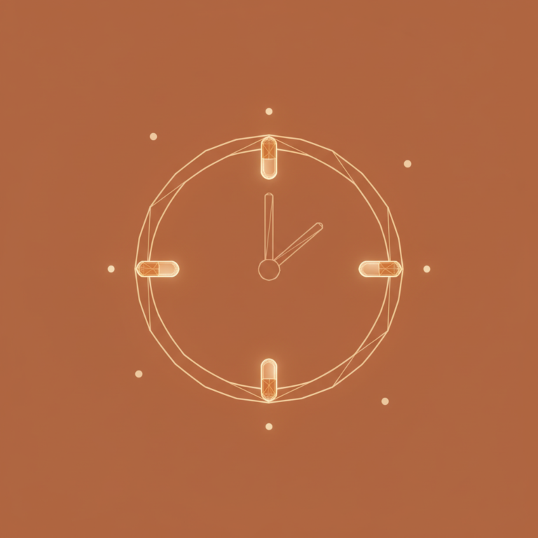 a stylized low-poly wireframe analog clock-face silhouette with three small pill-capsule shapes positioned at hour marke