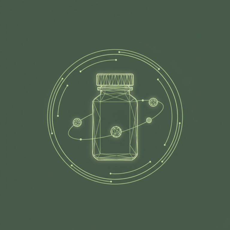 a stylized low-poly wireframe pill-bottle silhouette with three small rounded microorganism-cell silhouettes orbiting it