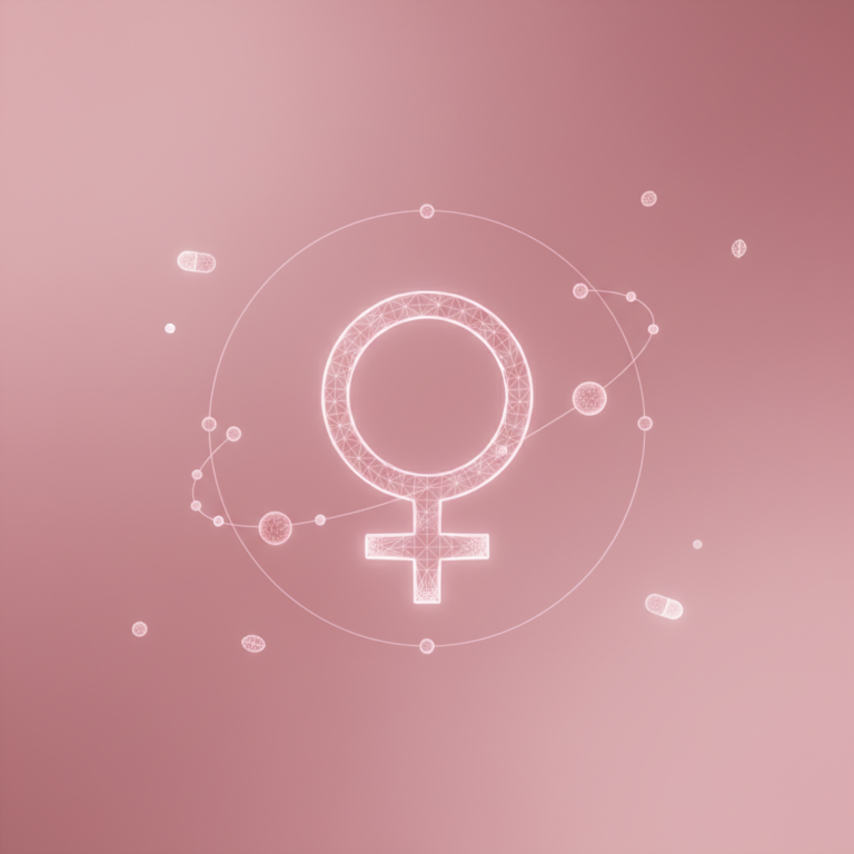 a stylized low-poly wireframe Venus glyph circle-with-cross silhouette with three small pill-capsule shapes orbiting aro