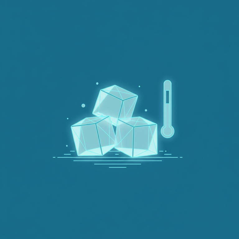 a stylized low-poly wireframe cluster of three ice-cube shapes with a small upright thermometer silhouette beside them a