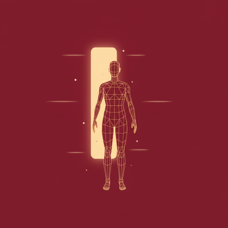 a stylized low-poly wireframe standing-figure silhouette facing a tall rectangular light-panel shape with a few gentle h