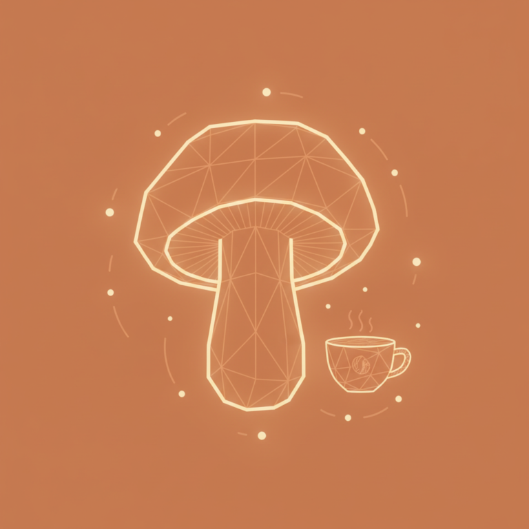 a stylized low-poly wireframe lion's-mane mushroom silhouette with a small coffee-cup silhouette beside it and a few orb
