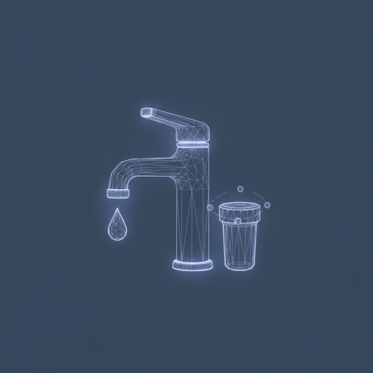 a stylized low-poly wireframe tap-faucet silhouette with a falling droplet and a small cylindrical filter cross-section