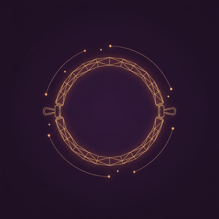 a stylized low-poly wireframe resistance-band loop with two small handle-clip silhouettes at each end and a few gentle t