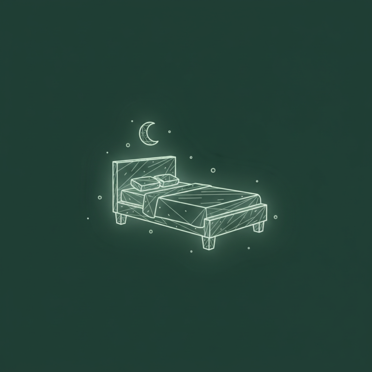 a stylized low-poly wireframe bed silhouette with a small crescent moon icon