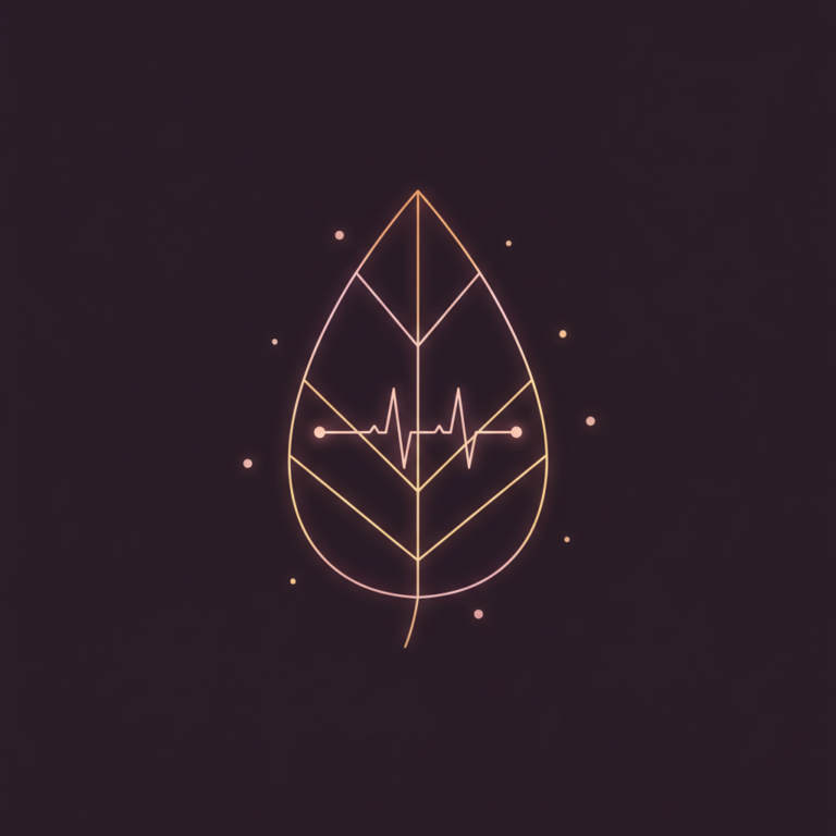 a stylized low-poly wireframe leaf silhouette with a small heart-pulse line