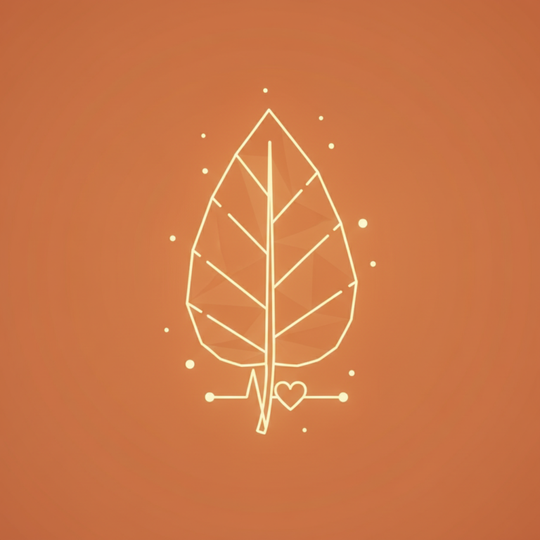 a stylized low-poly wireframe leaf silhouette with a small heart-pulse line