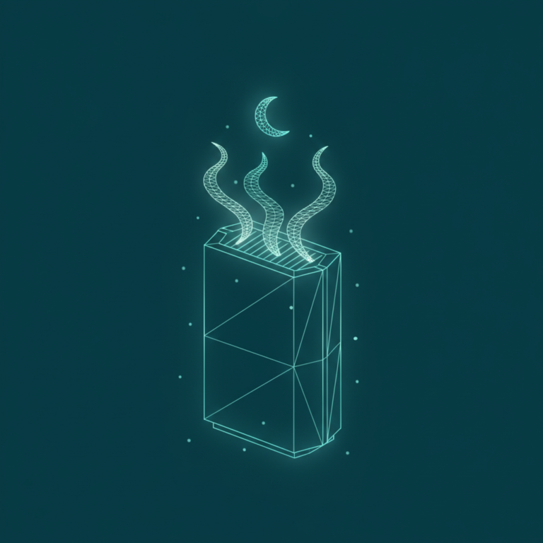 a stylized low-poly wireframe air-purifier silhouette with curling air-stream lines rising from its vent and a small cre