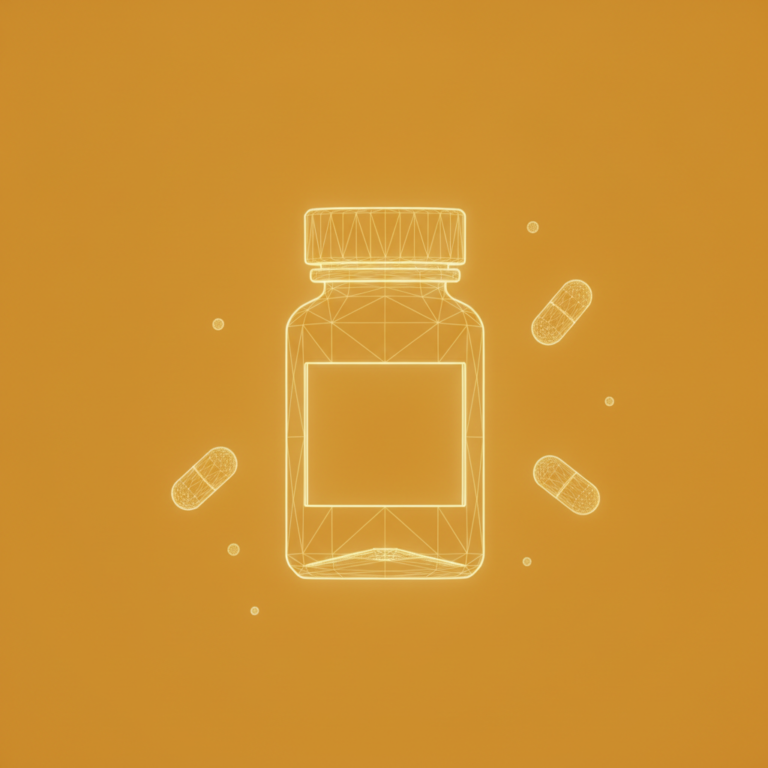 a stylized low-poly wireframe pill-bottle silhouette with three small capsule shapes orbiting around it and a few gentle