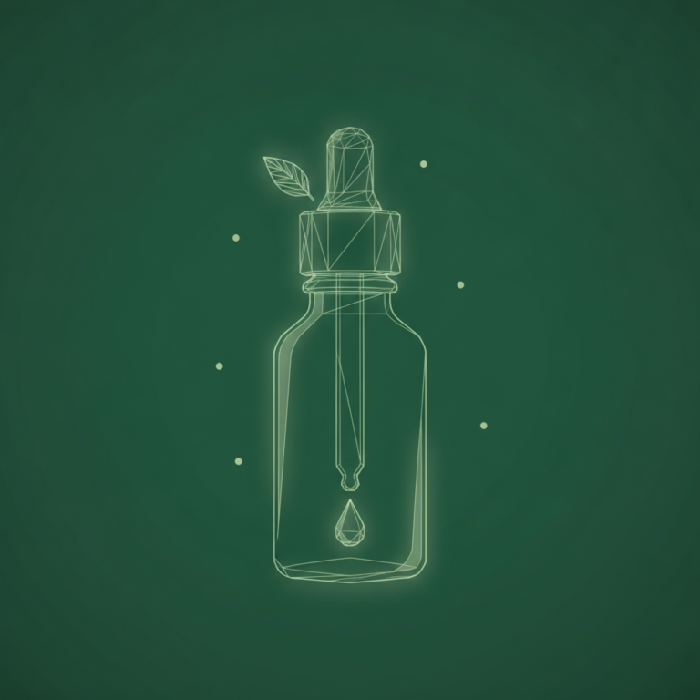 a stylized low-poly wireframe glass-dropper bottle silhouette with a single droplet falling beneath it and a small leaf