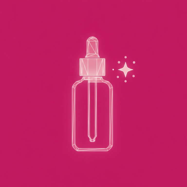 a stylized low-poly wireframe skincare bottle silhouette with a dropper cap and a small four-pointed sparkle icon floati