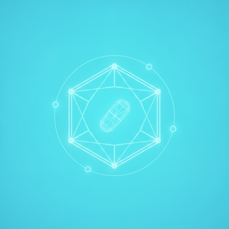 a stylized low-poly wireframe hexagonal molecule silhouette with a small capsule shape nested at its centre and a few or