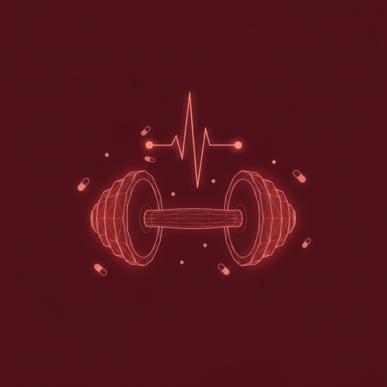 a stylized low-poly wireframe dumbbell silhouette with a small heart-pulse line arcing over it and a few orbiting tiny c
