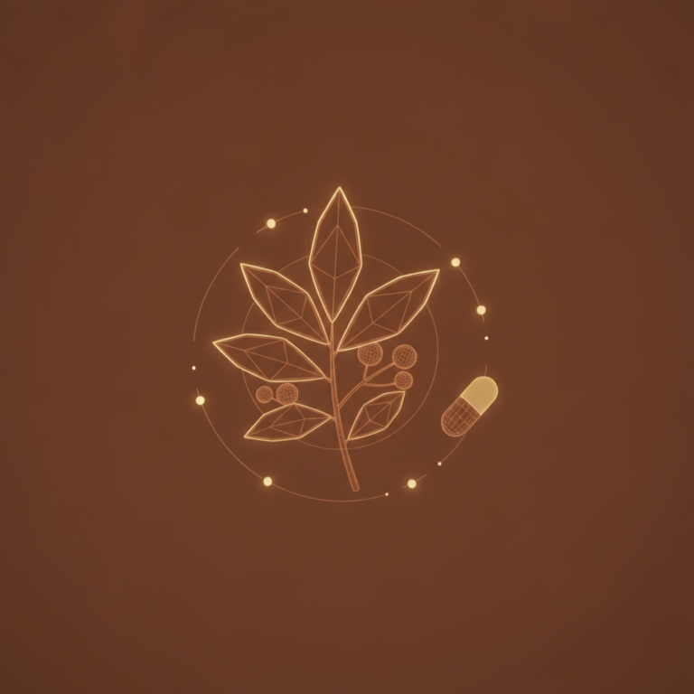 a stylized low-poly wireframe leaf-and-berry cluster silhouette with a small capsule shape floating beside it and a few